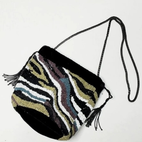 Zara Beaded Safari Velvet Bucket Bag Crossbody Multicoloured Tassels Beaded - Picture 3 of 12